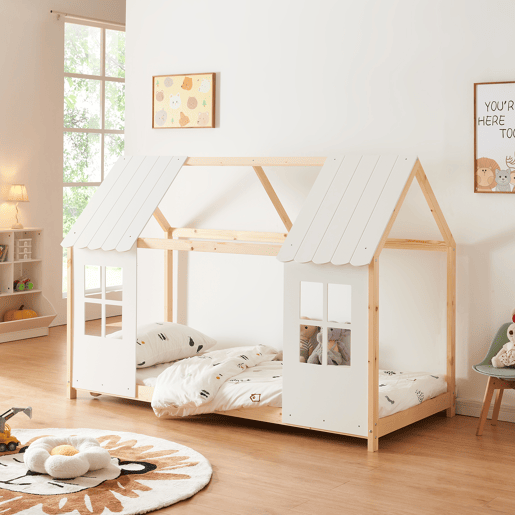 Cama de criança Tostedt em forma de casinha 90x200 cm - Efeito madeiraBranco en.casa