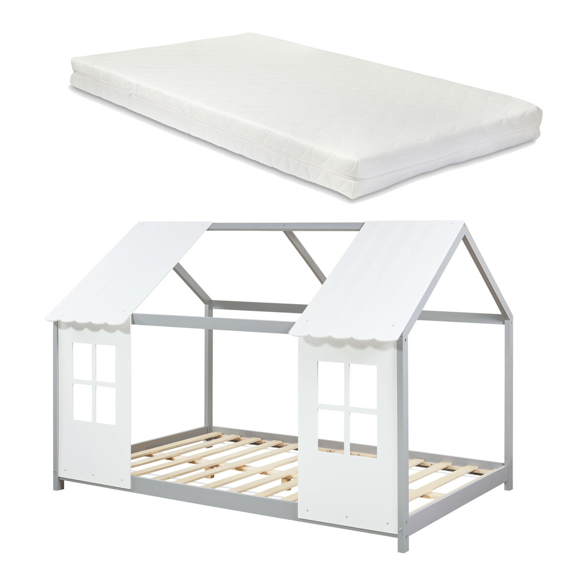 Cama para niños Tostedt en forma de casa con ventanas y colchón 207x147 Blanco/ Gris