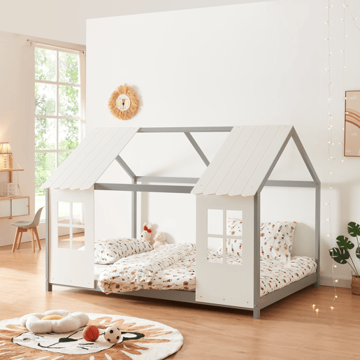 Cama de criança Tostedt em forma de casinha 120x200 cm - CinzentoBranco en.casa