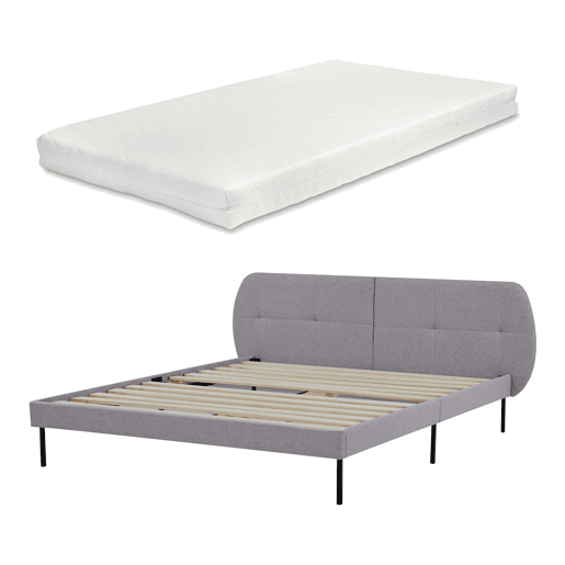 Cama estofada Porvoo com cabeceira têxtil e colchão 160x200cm - Cinzento en.casa