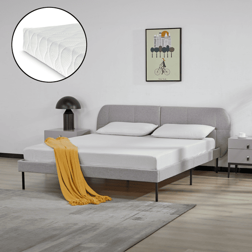 Cama estofada Porvoo com cabeceira têxtil e colchão 160x200cm - Cinzento en.casa
