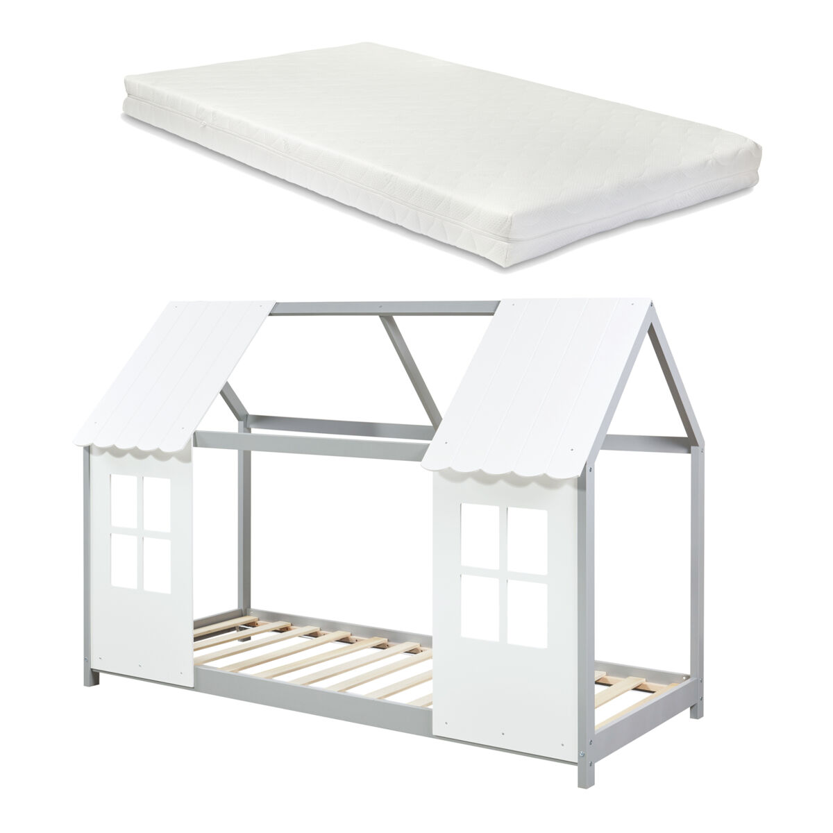 Cama para niños Tostedt en forma de casa con ventanas y colchón 207x97 Blanco/ Gris