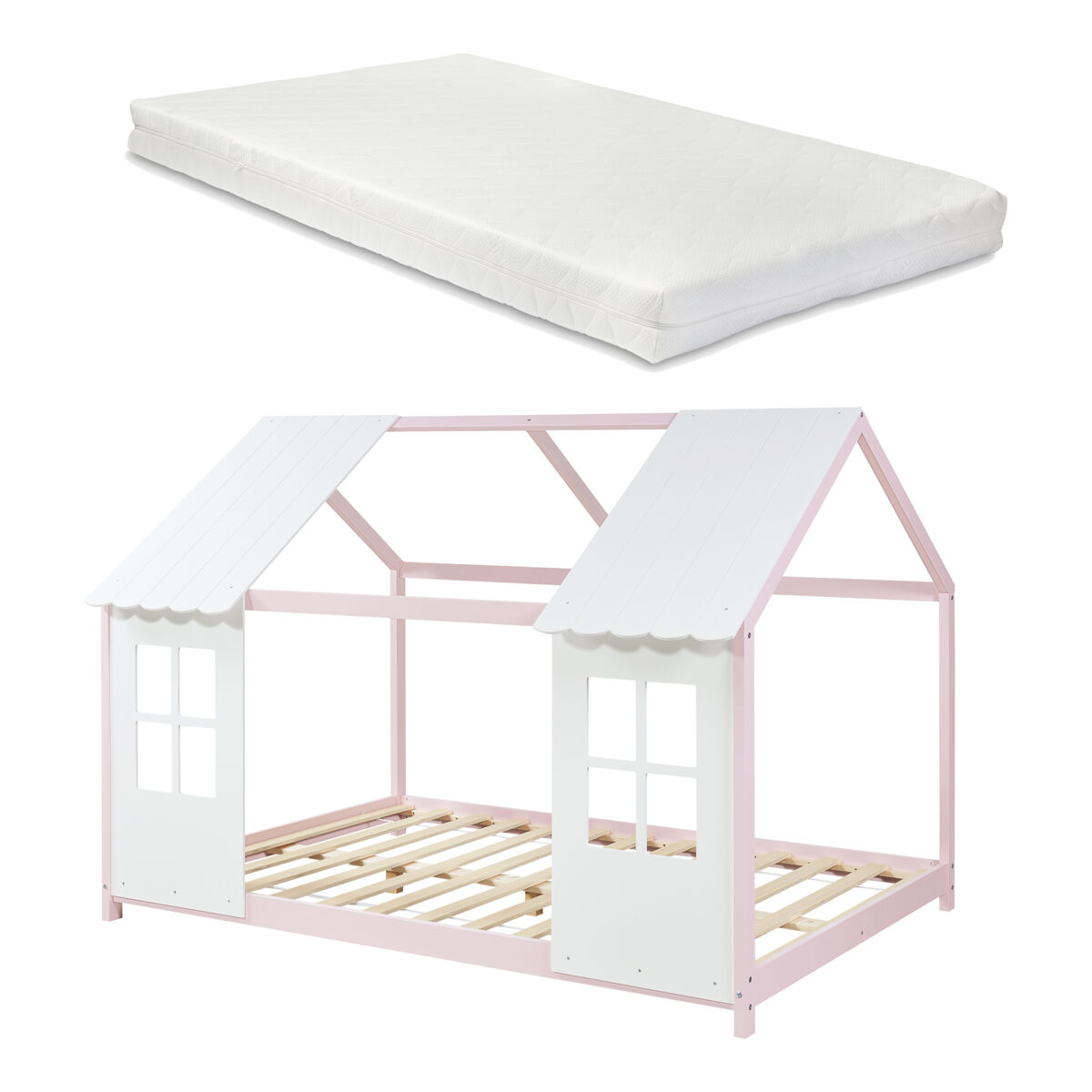 Cama para niños Tostedt en forma de casa con ventanas y colchón 207x147 Rosa