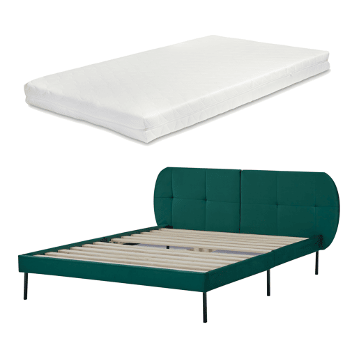 Cama estofada Porvoo com cabeceira de veludo e colchão 140x200cm - Verde Escuro en.casa en.casa