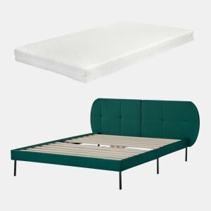 Cama estofada Porvoo com cabeceira de veludo e colchão 140x200cm - Verde Escuro en.casa en.casa