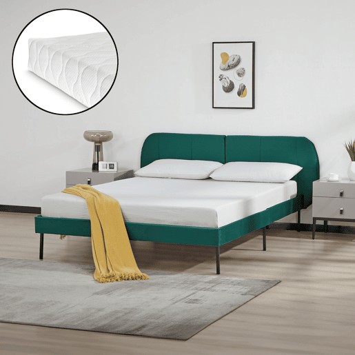 Cama estofada Porvoo com cabeceira de veludo e colchão 140x200cm - Verde Escuro en.casa en.casa