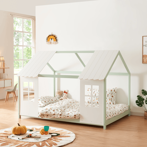 Cama de criança Tostedt em forma de casinha 140x200 cm - Verde mentabranco en.casa