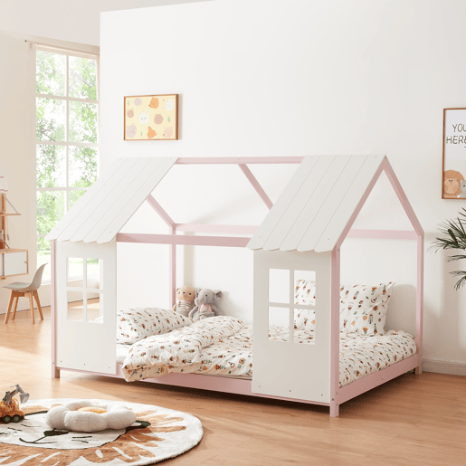 Cama de criança Tostedt em forma de casinha 140x200 cm - RosaBranco en.casa