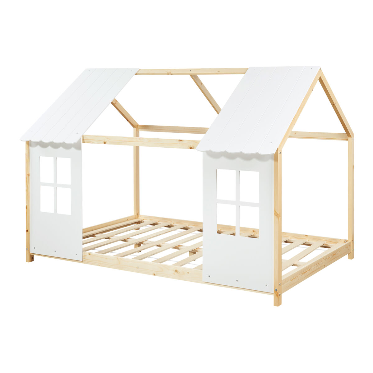Cama para niños Tostedt en forma de casa con ventanas pino 207x127 Blanco/ Madera