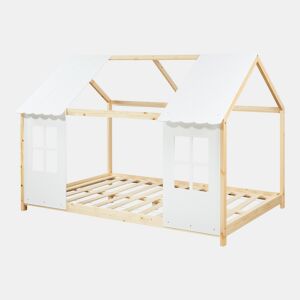 Cama de criança Tostedt em forma de casinha 120x200 cm - Efeito madeirabranco en.casa