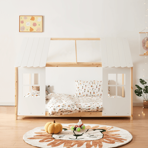 Cama de criança Tostedt em forma de casinha 120x200 cm - Efeito madeirabranco en.casa