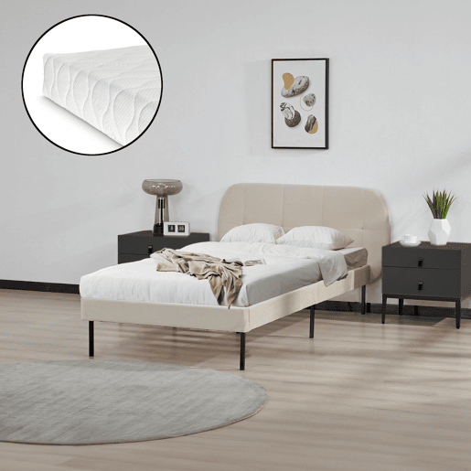Cama estofada Porvoo com cabeceira de veludo com colchão 90x200cm - Bege en.casa