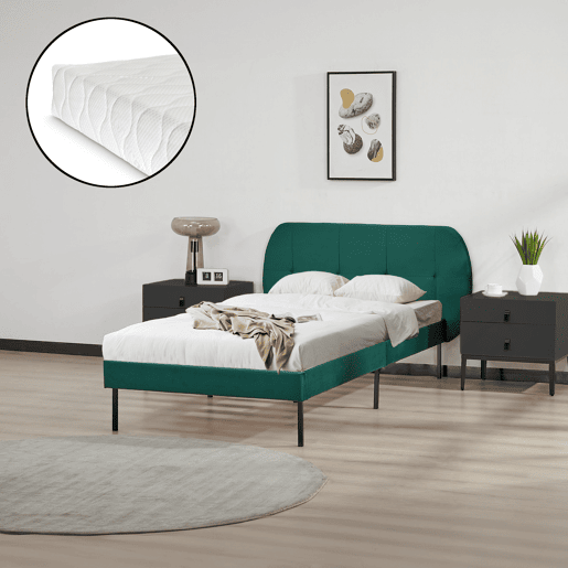 Cama estofada Porvoo com cabeceira de veludo com colchão 90x200cm - Verde escuro en.casa