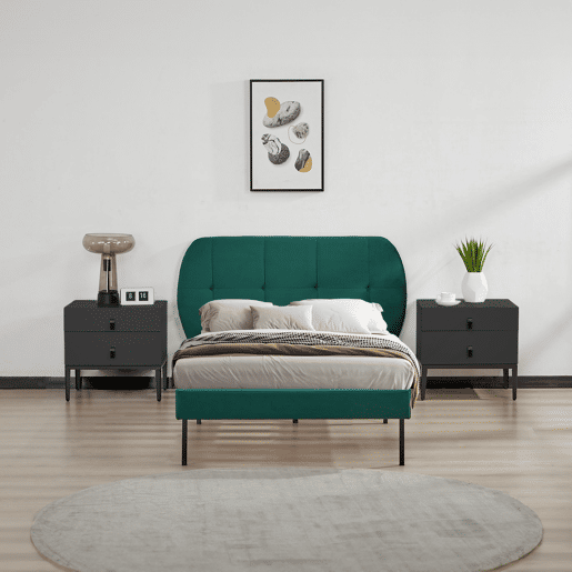 Cama estofada Porvoo com cabeceira de veludo com colchão 90x200cm - Verde escuro en.casa