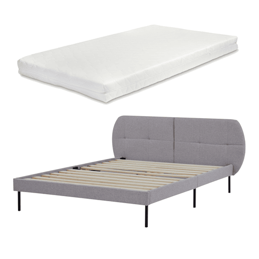 Cama estofada Porvoo com cabeceira têxtil e colchão 140x200cm - Cinzento en.casa