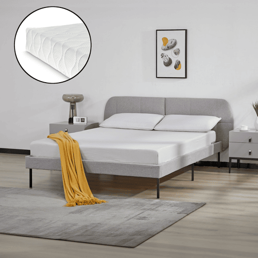 Cama estofada Porvoo com cabeceira têxtil e colchão 140x200cm - Cinzento en.casa