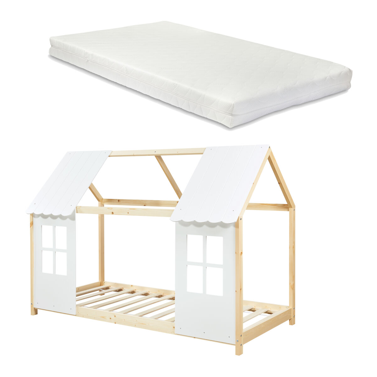 Cama para niños Tostedt en forma de casa con ventanas y colchón 207x97 Blanco/ Madera
