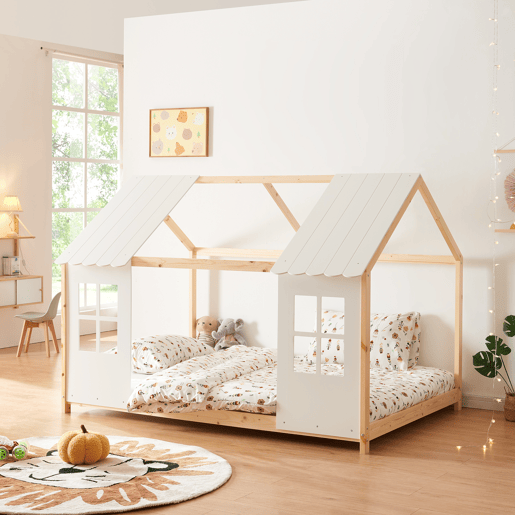 Cama de criança Tostedt em forma de casinha 140x200 cm - Efeito madeirabranco en.casa