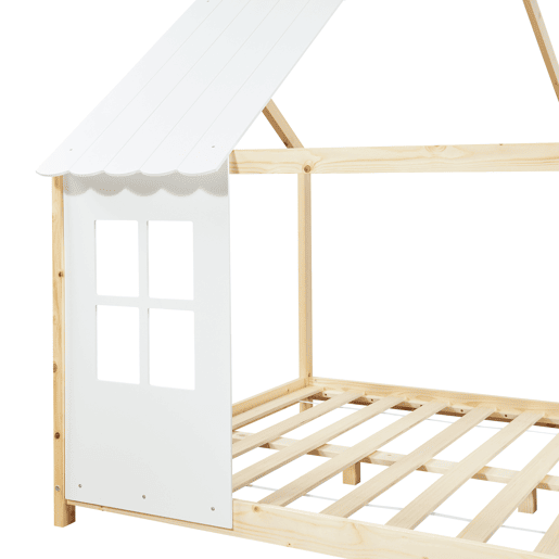 Cama de criança Tostedt em forma de casinha 140x200 cm - Efeito madeirabranco en.casa