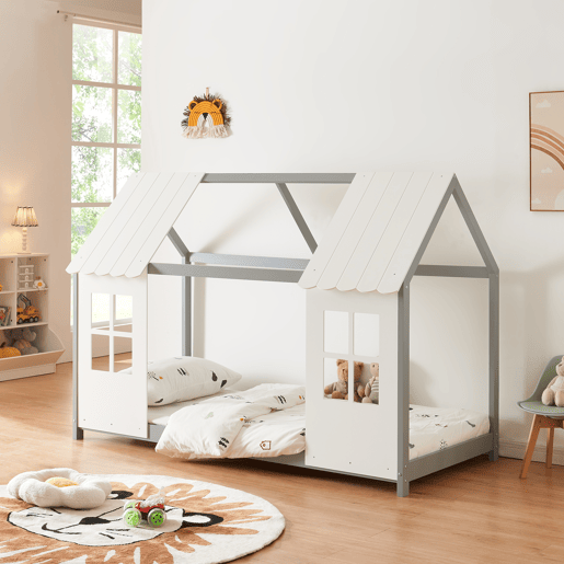 Cama de criança Tostedt em forma de casinha 90x200 cm - CinzentoBranco en.casa