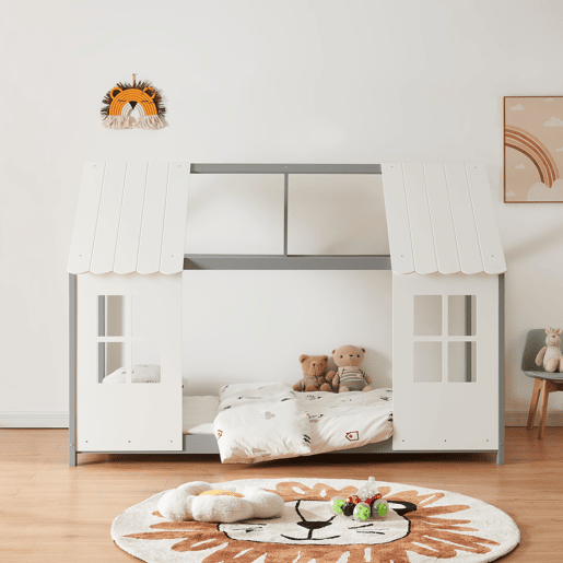 Cama de criança Tostedt em forma de casinha 90x200 cm - CinzentoBranco en.casa
