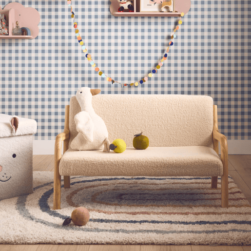 Banco de criança, madeira e tecido boucle, 2 lugares, Lorens kids, Beige, 45x81x50 cm
