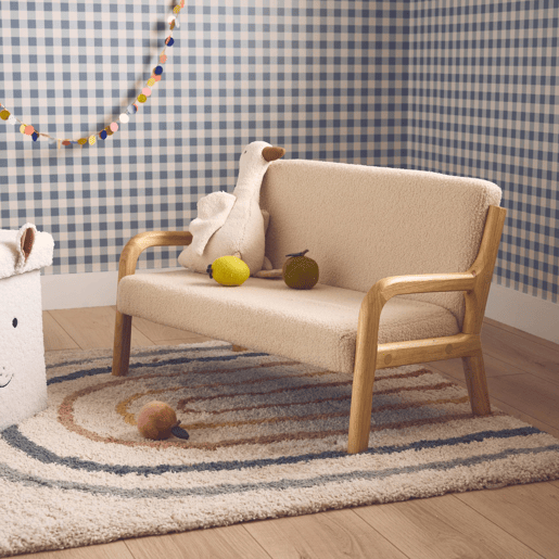 Banco de criança, madeira e tecido boucle, 2 lugares, Lorens kids, Beige, 45x81x50 cm