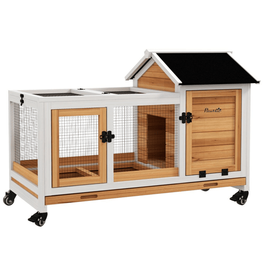 PawHut Coelheira de Madeira com Rodas 108x58x73,5 cm Gaiola para 1-2 Coelhos com Teto Abatível Cerca Metálica Bandeja Amovível Portas com Trava e Rampa Madeira e Branco PawHut Coelheira de Madeira com Rodas 108x58x73,5 cm Gaiola para 1-2 Coelhos com Teto Abatível Cerca Metálica Bandeja Amovível Portas com Trava e Rampa Madeira e Branco
