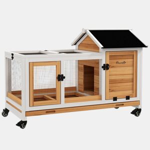 PawHut Coelheira de Madeira com Rodas 108x58x73,5 cm Gaiola para 1-2 Coelhos com Teto Abatível Cerca Metálica Bandeja Amovível Portas com Trava e Rampa Madeira e Branco