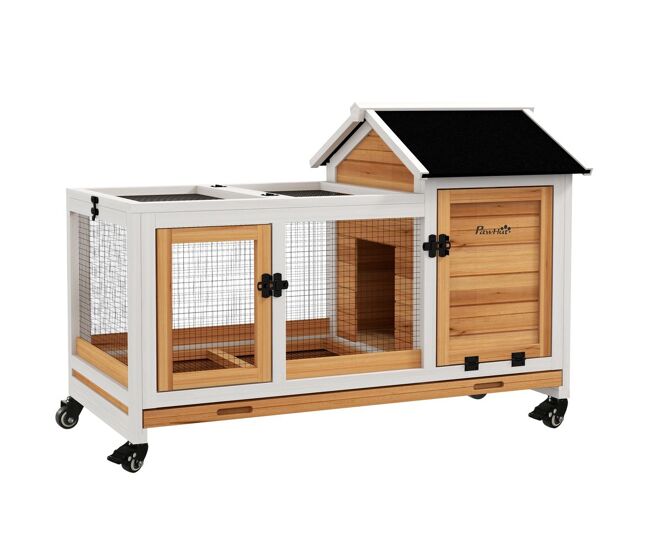 Pawhut conejera de madera con ruedas jaula para conejos con techo puede abrir y bandeja extraíble conejera para interior y exterior 108x58x73,5 cm natural