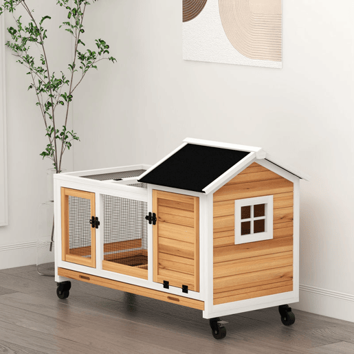 PawHut Coelheira de Madeira com Rodas 108x58x73,5 cm Gaiola para 1-2 Coelhos com Teto Abatível Cerca Metálica Bandeja Amovível Portas com Trava e Rampa Madeira e Branco PawHut Coelheira de Madeira com Rodas 108x58x73,5 cm Gaiola para 1-2 Coelhos com Teto Abatível Cerca Metálica Bandeja Amovível Portas com Trava e Rampa Madeira e Branco
