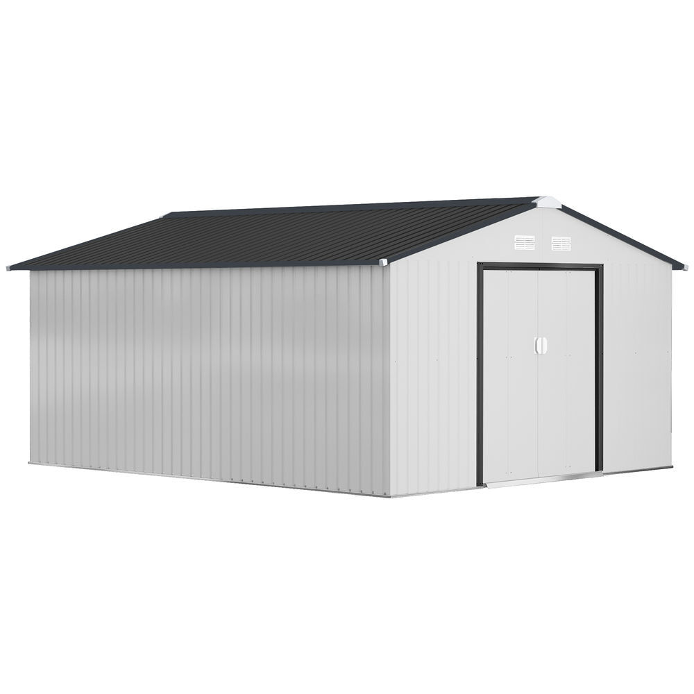 Outsunny caseta de jardín exterior, 12,4 m² 340x386x200 cm cobertizo de jardín exterior metálico con puertas dobles con cerradura kit de fundación y ventilación para almacenaje bicicletas blanco