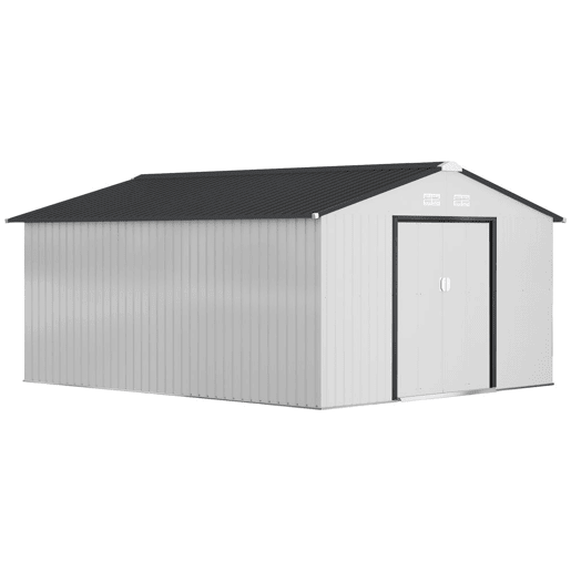 Outsunny Casota de Jardim Exterior, 12,4 m² 340x386x200 cm Abrigo de Jardim Metálico com Portas Duplas com Fechadura, Kit de Fundação e Ventilação para Armazenamento de Bicicletas, Branco