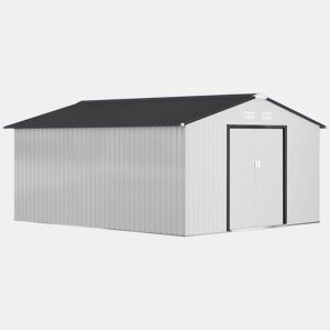 Outsunny Casota de Jardim Exterior, 12,4 m² 340x386x200 cm Abrigo de Jardim Metálico com Portas Duplas com Fechadura, Kit de Fundação e Ventilação para Armazenamento de Bicicletas, Branco