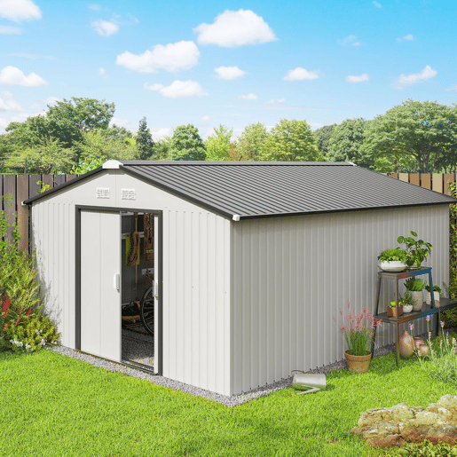 Outsunny Casota de Jardim Exterior, 12,4 m² 340x386x200 cm Abrigo de Jardim Metálico com Portas Duplas com Fechadura, Kit de Fundação e Ventilação para Armazenamento de Bicicletas, Branco