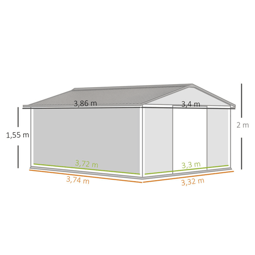 Outsunny Casota de Jardim Exterior, 12,4 m² 340x386x200 cm Abrigo de Jardim Metálico com Portas Duplas com Fechadura, Kit de Fundação e Ventilação para Armazenamento de Bicicletas, Branco