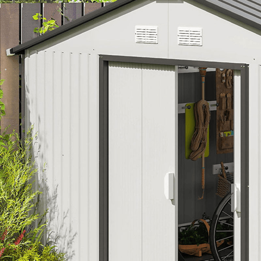Outsunny Casota de Jardim Exterior, 12,4 m² 340x386x200 cm Abrigo de Jardim Metálico com Portas Duplas com Fechadura, Kit de Fundação e Ventilação para Armazenamento de Bicicletas, Branco