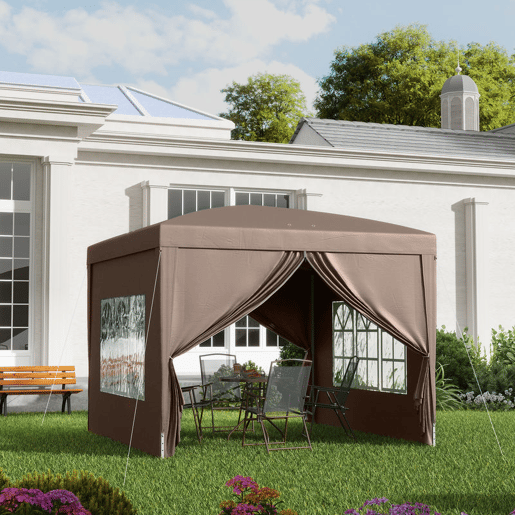 Outsunny Tenda de Jardim com Paredes Laterais Amovíveis Janelas Porta com Fecho de Correr e Bolsa de Transporte 295x295x196-258 cm Café Outsunny Tenda de Jardim com Paredes Laterais Amovíveis Janelas Porta com Fecho de Correr e Bolsa de Transporte 295x295x196-258 cm Café