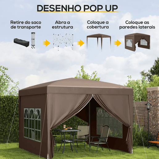 Outsunny Tenda de Jardim com Paredes Laterais Amovíveis Janelas Porta com Fecho de Correr e Bolsa de Transporte 295x295x196-258 cm Café Outsunny Tenda de Jardim com Paredes Laterais Amovíveis Janelas Porta com Fecho de Correr e Bolsa de Transporte 295x295x196-258 cm Café