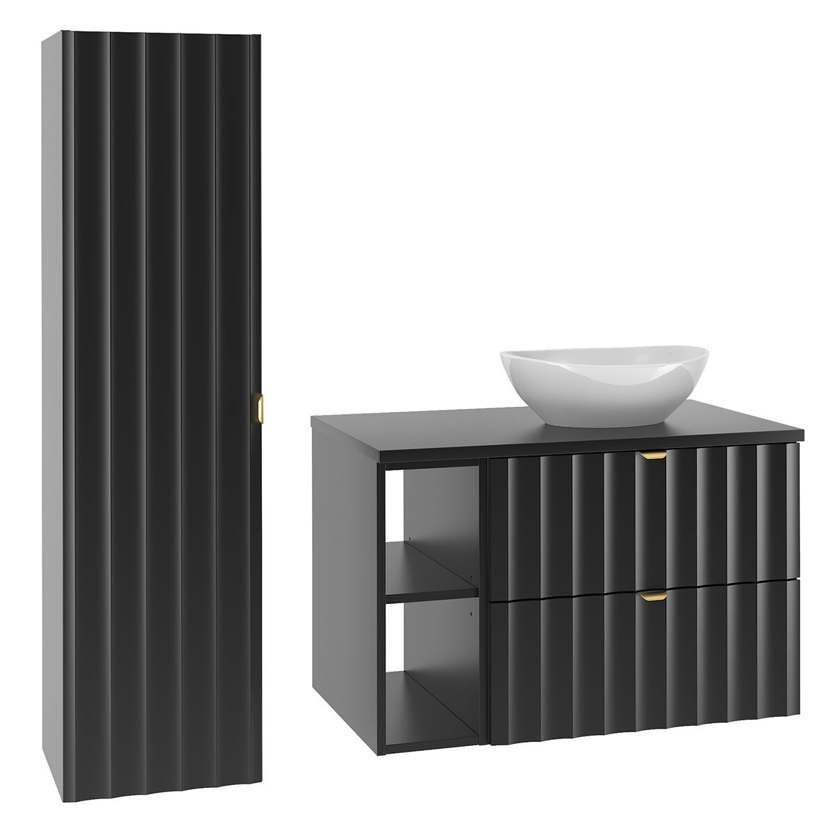 Conjunto de muebles con lavabo individual 2 compartimientos y columna Lexa 80 Negro