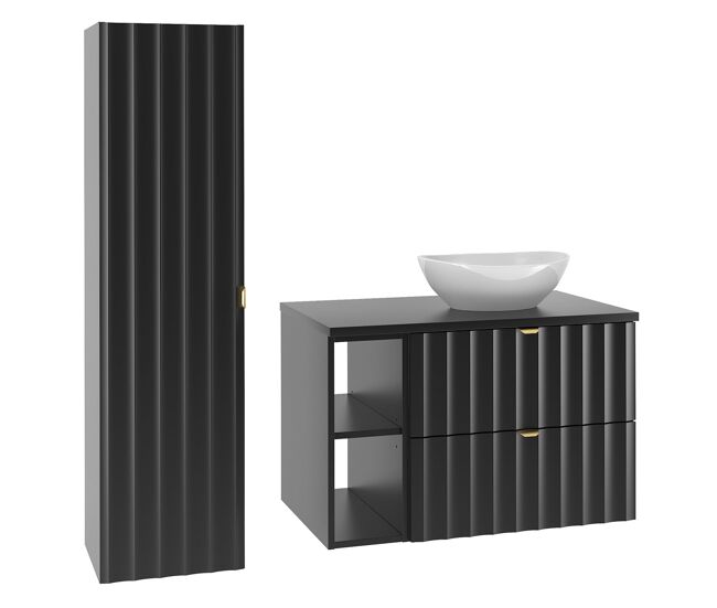 Conjunto de muebles con lavabo individual 80cm 2 compartimientos y columna lexa negro