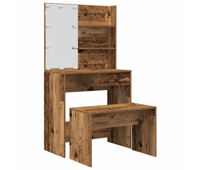 Vidaxl juego de tocador con led madera contrachapada madera vieja