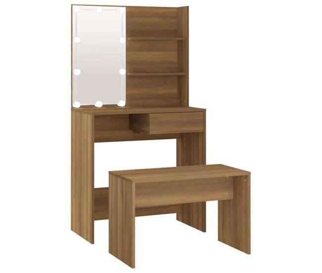 Vidaxl juego de tocador con led madera contrachapada roble marrón