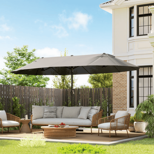 Outsunny Guarda-sol Duplo 4,6x2,7 m para Terraço Exterior com Manivela Manual, Resistente à Água e Proteção Solar. Guarda-sol Grande para Terraço, Praia e Piscina - Cinzento