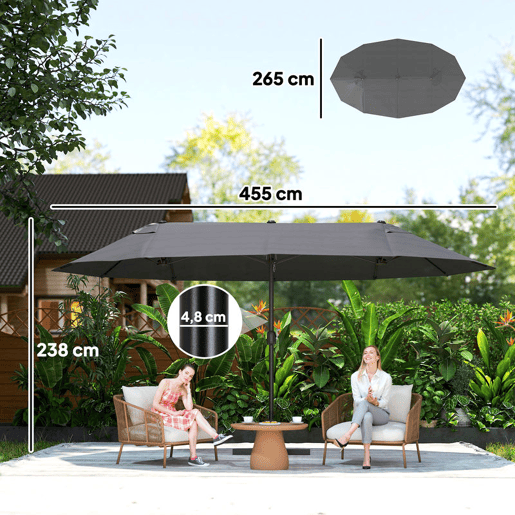 Outsunny Guarda-sol Duplo 4,6x2,7 m para Terraço Exterior com Manivela Manual, Resistente à Água e Proteção Solar. Guarda-sol Grande para Terraço, Praia e Piscina - Cinzento