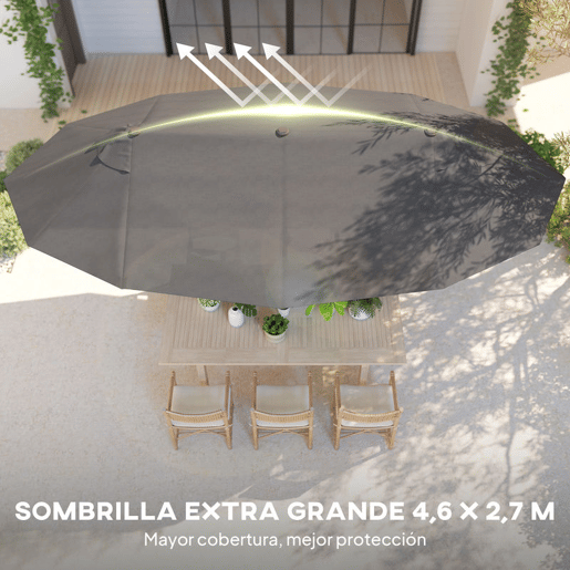 Outsunny Guarda-sol Duplo 4,6x2,7 m para Terraço Exterior com Manivela Manual, Resistente à Água e Proteção Solar. Guarda-sol Grande para Terraço, Praia e Piscina - Cinzento
