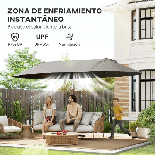 Outsunny Guarda-sol Duplo 4,6x2,7 m para Terraço Exterior com Manivela Manual, Resistente à Água e Proteção Solar. Guarda-sol Grande para Terraço, Praia e Piscina - Cinzento