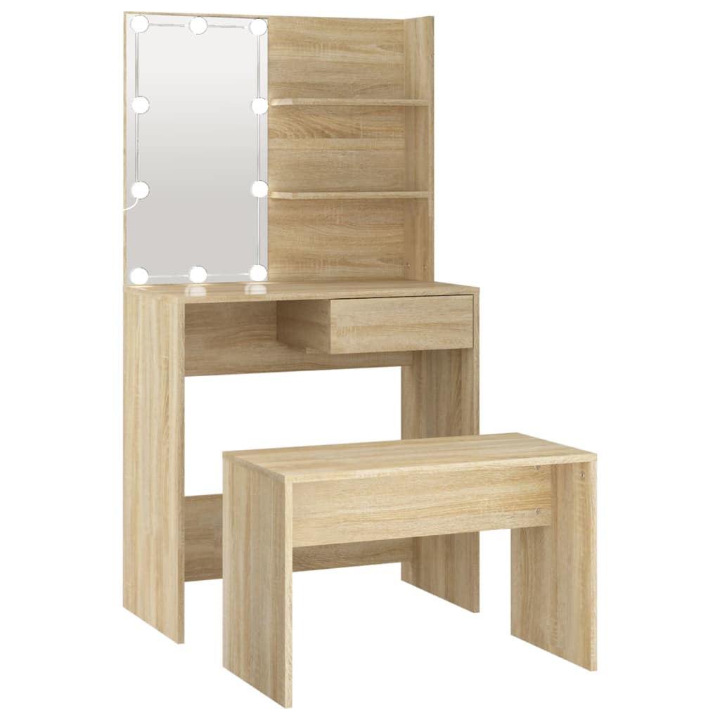 Vidaxl set de tocador con led madera contrachapada roble sonoma