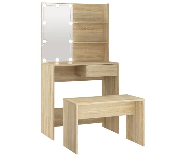 Vidaxl set de tocador con led madera contrachapada roble sonoma