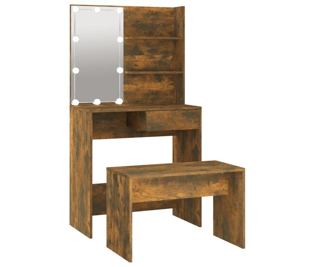 Vidaxl juego de tocador con led madera contrachapada roble ahumado